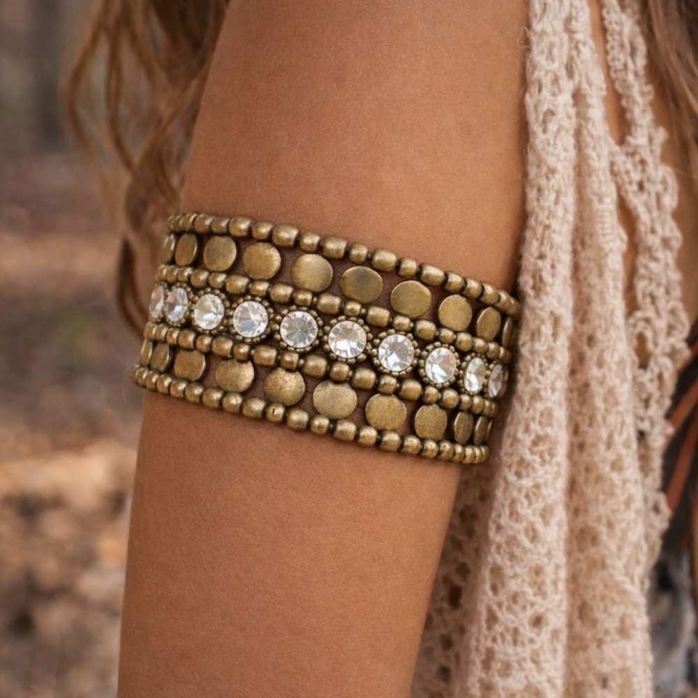 Antique Brass Rhinestone Stretch Arm Band Cuff Statement Wide Boho